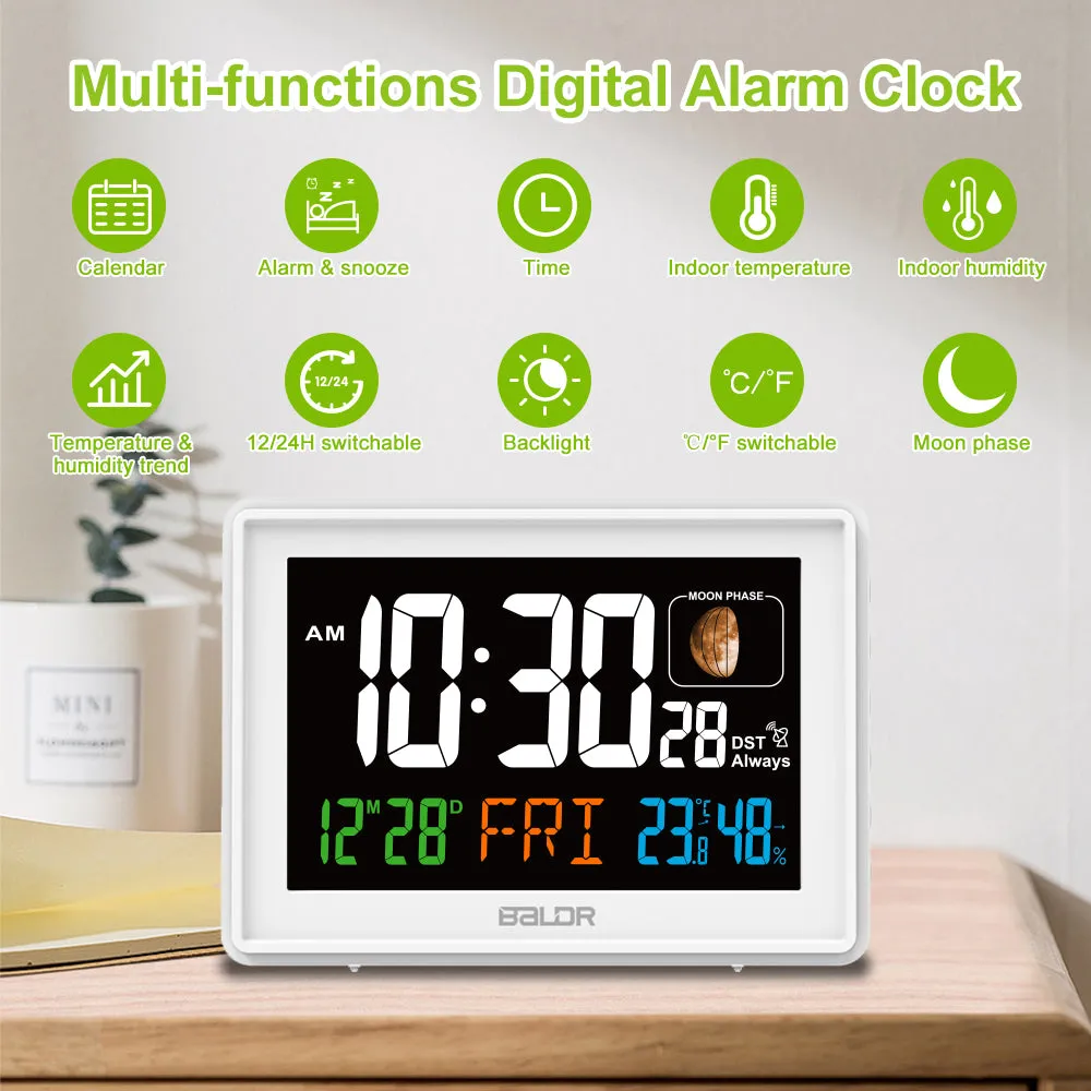 BALDR Atomic Alarm Clock - Large Color Display Digital Desk Clock with Indoor Thermometer, Humidity Sensor, and Real-Time Moon Phases