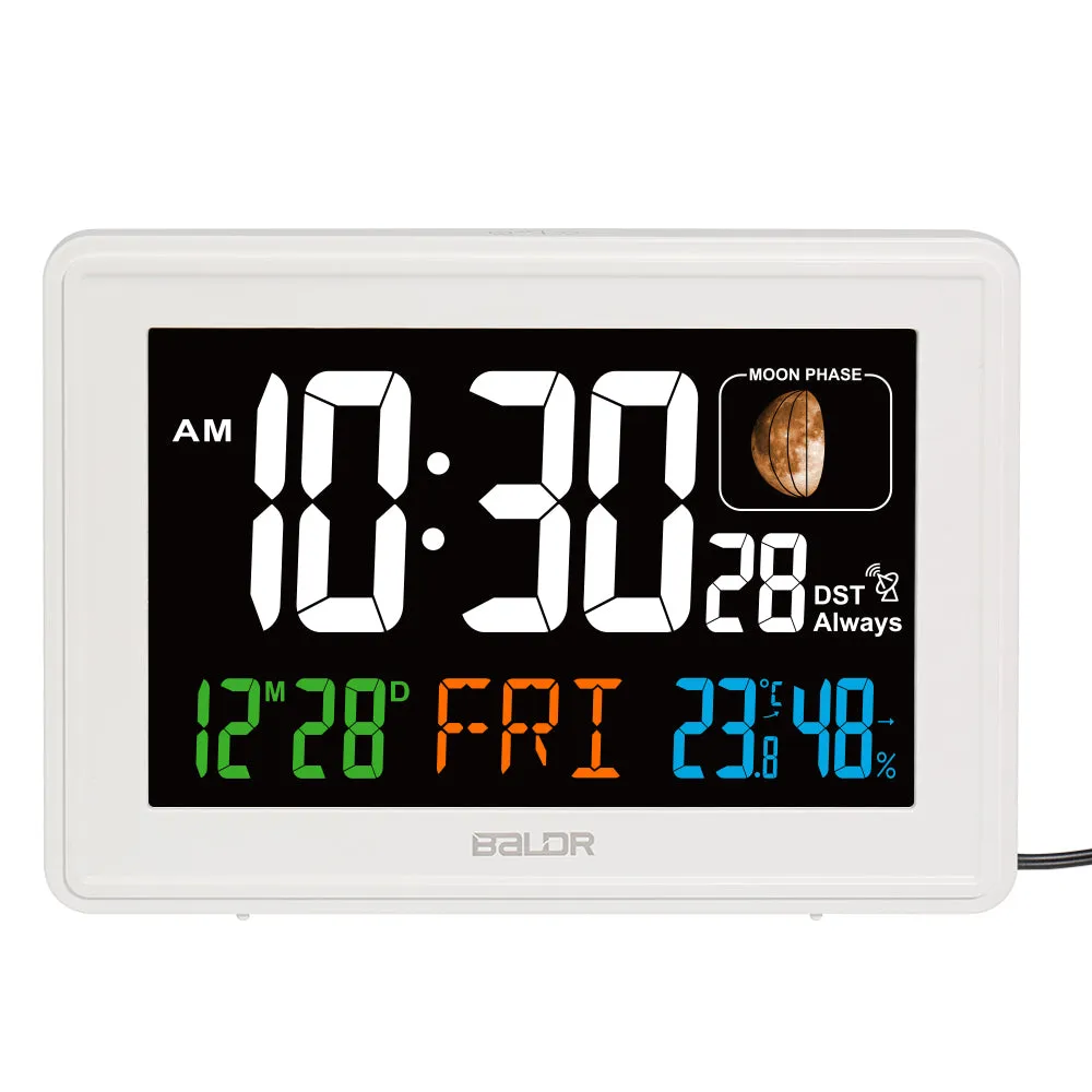 BALDR Atomic Alarm Clock - Large Color Display Digital Desk Clock with Indoor Thermometer, Humidity Sensor, and Real-Time Moon Phases