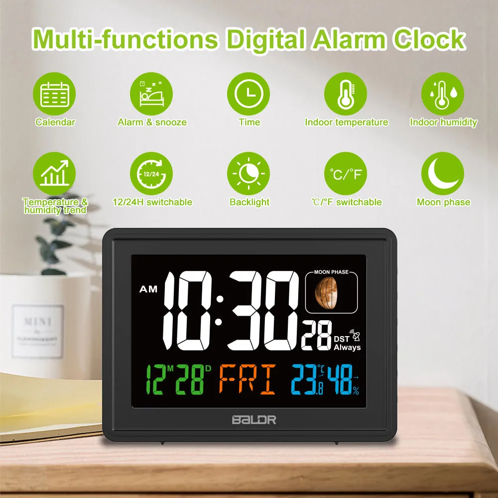 BALDR Atomic Alarm Clock - Large Color Display Digital Desk Clock with Indoor Thermometer, Humidity Sensor, and Real-Time Moon Phases