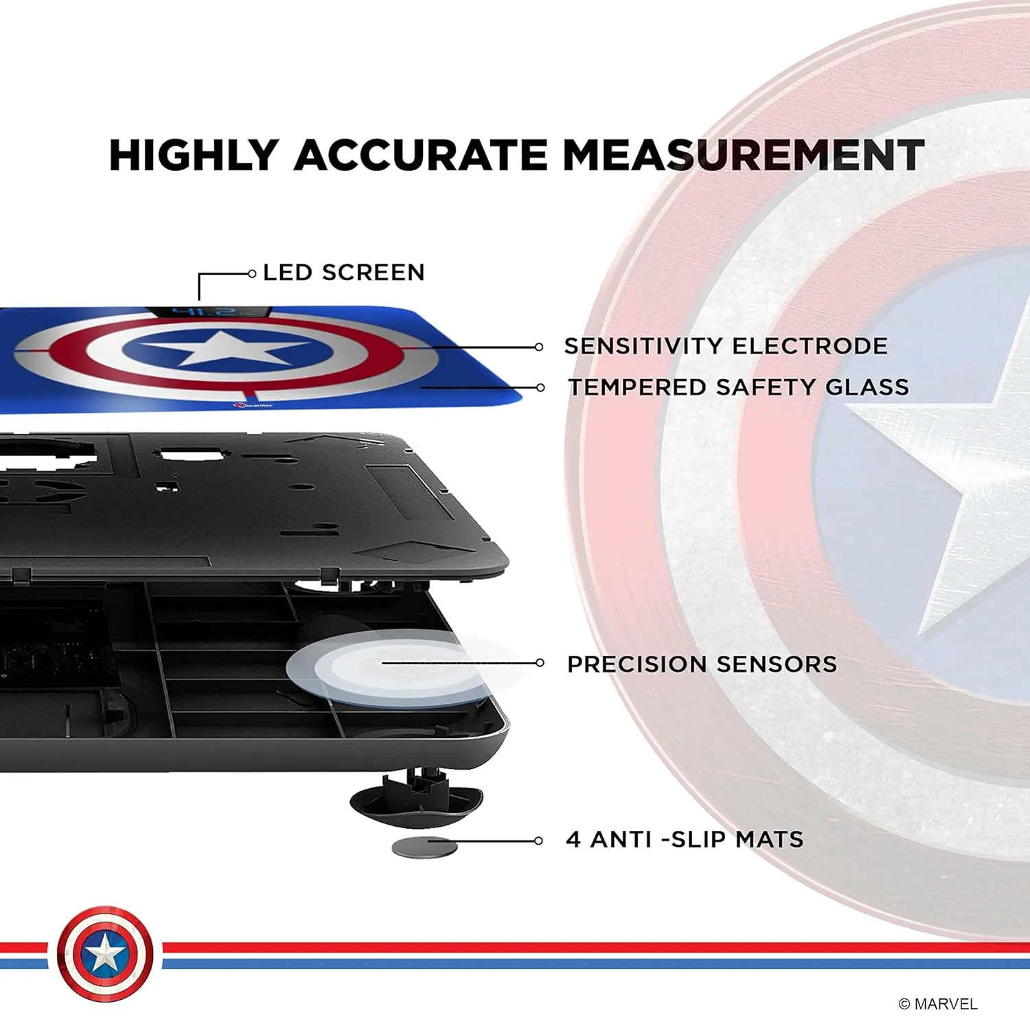 BCA-140 Marvel Edition Captain America Series Digital Weight Machine for Human Body - High Accuracy Bathroom Weighing Scale with Step-on Technology & Super Durable 6mm Tempered Glass