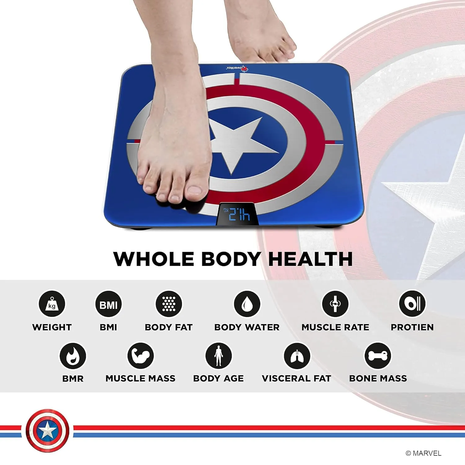 BCA-140 Marvel Edition Captain America Series Digital Weight Machine for Human Body - High Accuracy Bathroom Weighing Scale with Step-on Technology & Super Durable 6mm Tempered Glass