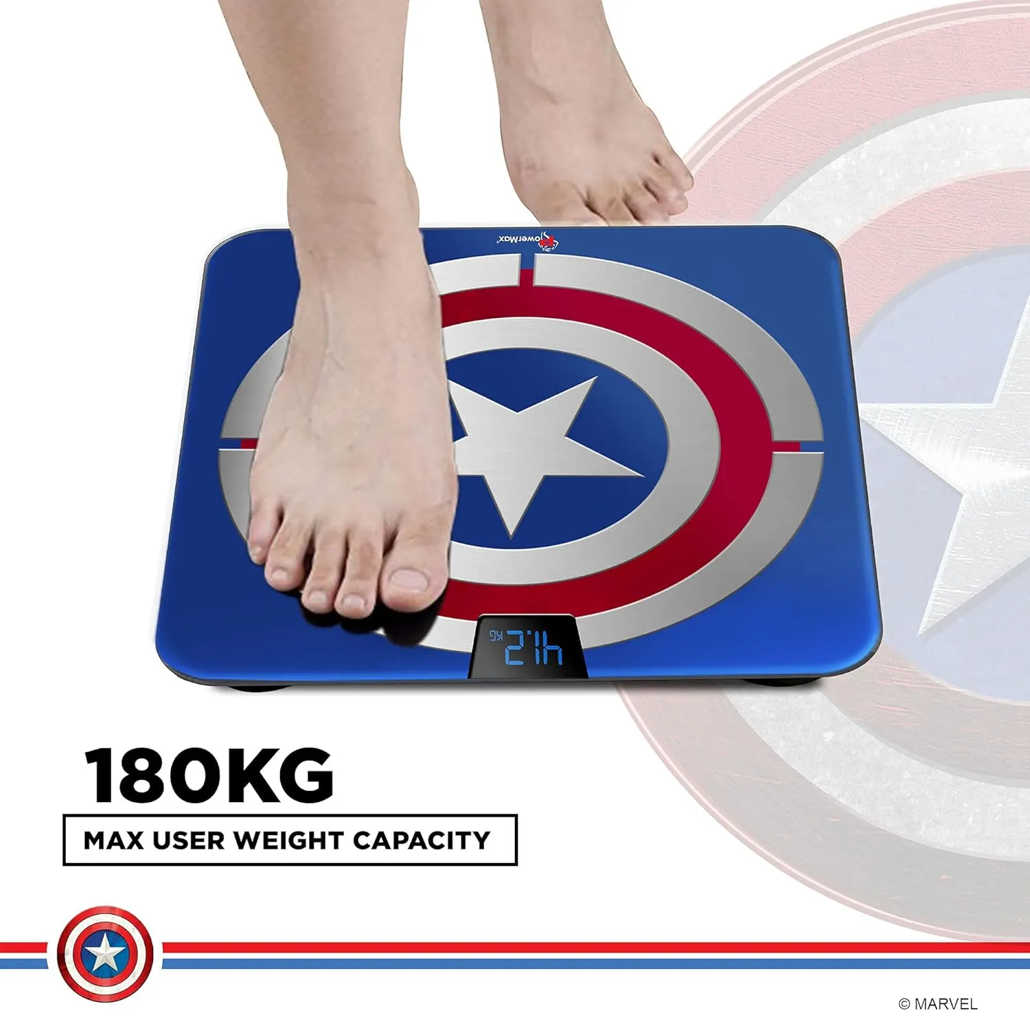 BCA-140 Marvel Edition Captain America Series Digital Weight Machine for Human Body - High Accuracy Bathroom Weighing Scale with Step-on Technology & Super Durable 6mm Tempered Glass