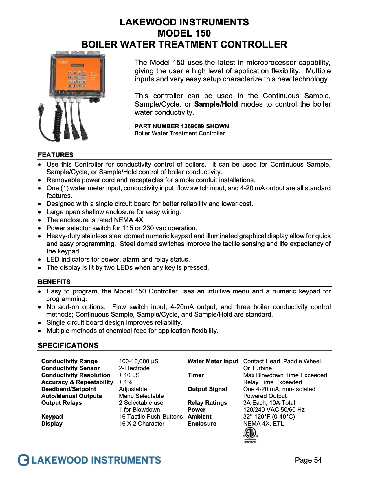 Boiler water TDS, controller Lakewood model 150