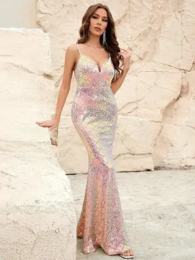 Elegant Spaghetti Strap Sleeveless Sequin Mermaid Dress