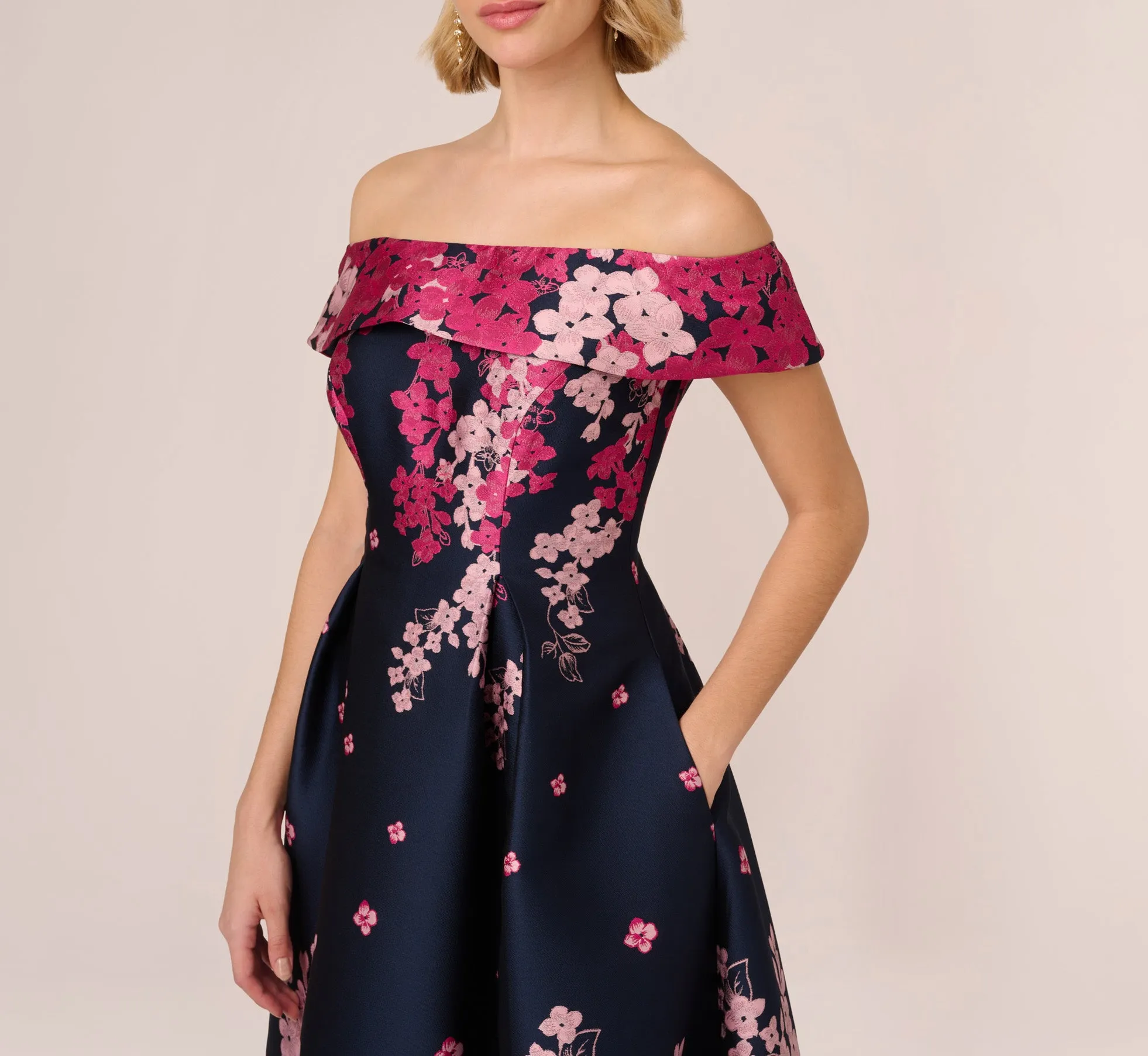 Floral Jacquard Ankle Length Dress With Off The Shoulder Neckline In Navy Pink Multi