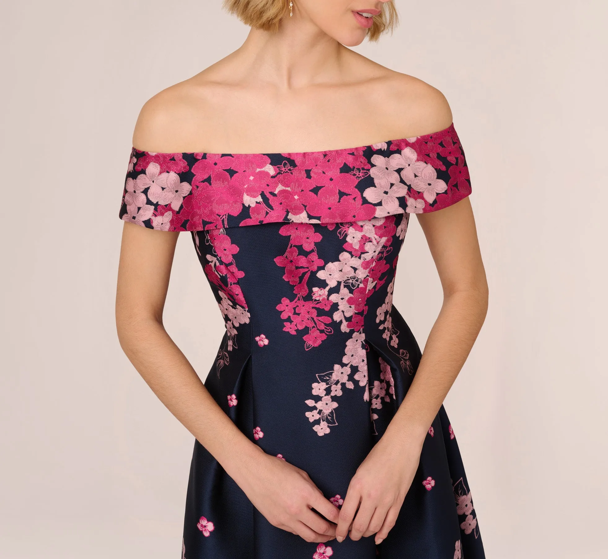 Floral Jacquard Ankle Length Dress With Off The Shoulder Neckline In Navy Pink Multi