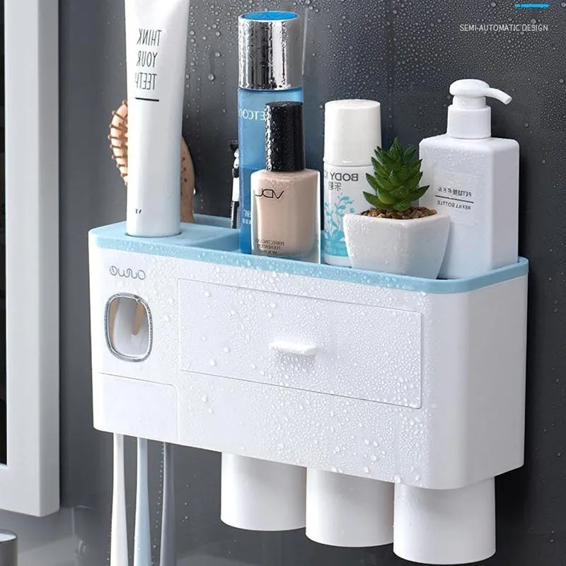 New Magnetic Adsorption Toothbrush Holder Automatic Toothpaste Dispenser Toiletries Storage Rack Bathroom Accessories