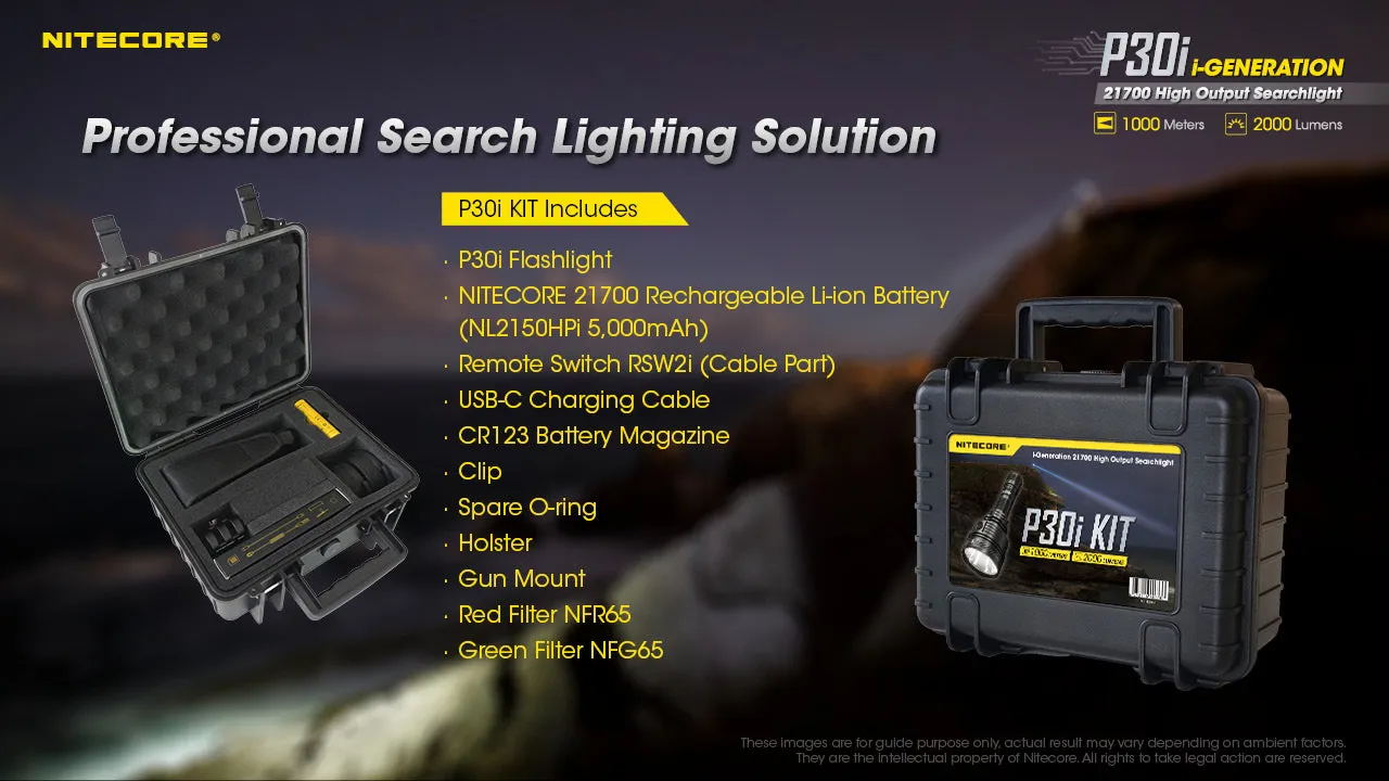 Nitecore P30i i-Generation Hunting Kit with 21700 USB C Rechargeable High Output Searchlight with 2000 lumens at 1000 meters throw