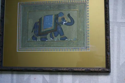 ORIGINAL GONGBI MUGHAL ART BEAUTIFUL FRAMED LARGE PERSIAN INK MINIATURE PAINTING ON SILK FROM NEPAL EXTREMELY DETAILED RENDITION OF COURT ELEPHANT IN ORNATE GARB DFN12 DECORATOR DESIGNER COLLECTOR WALL ART HOME DECOR 23”X19”